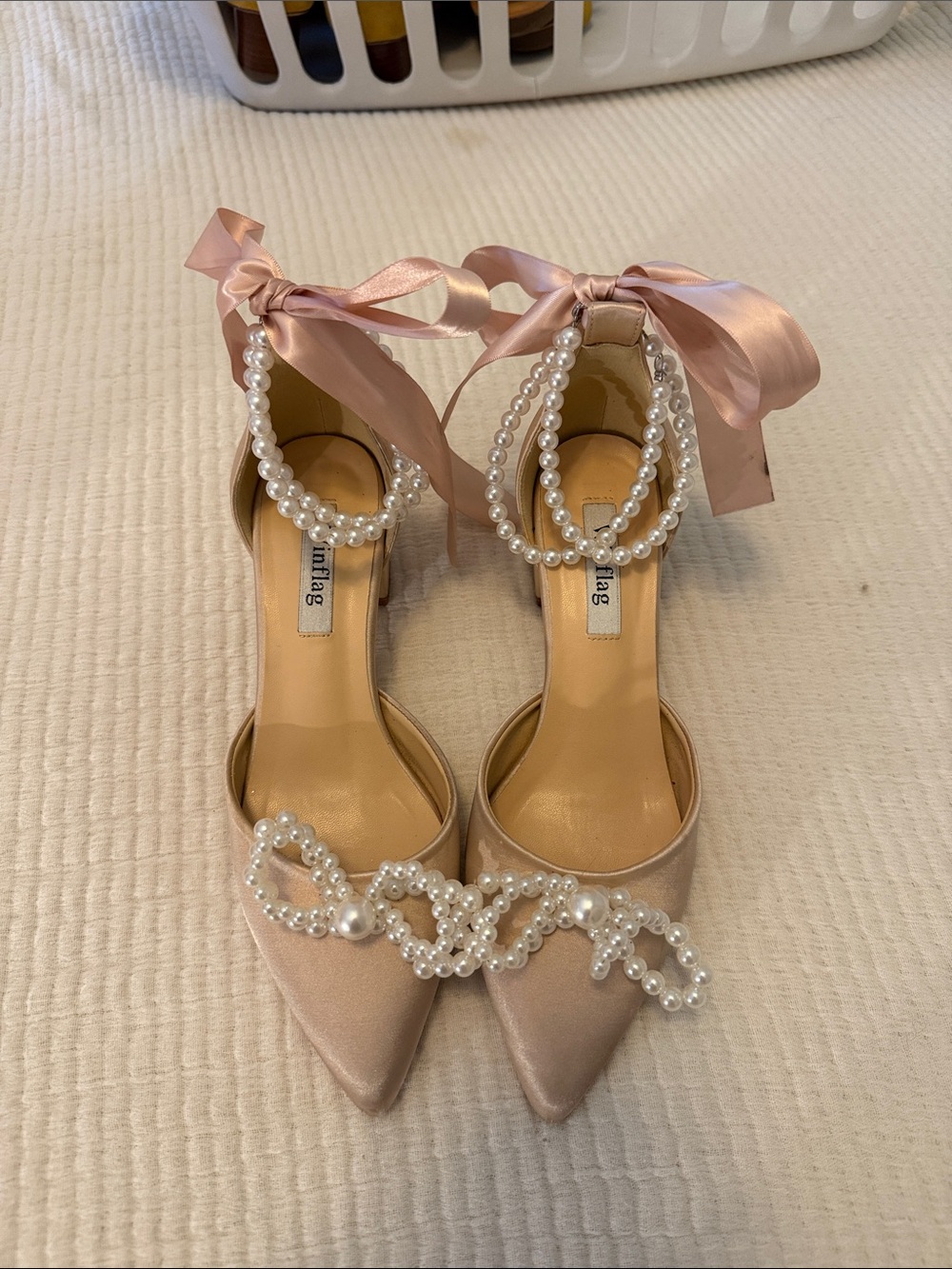 Satin Pointed-Toe Heels with Pearl & Ribbon Ankle Tie - Blush Pink